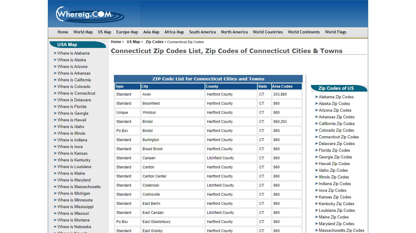 Connecticut Zip Codes List, Zip Codes of Connecticut Cities ... - whereig