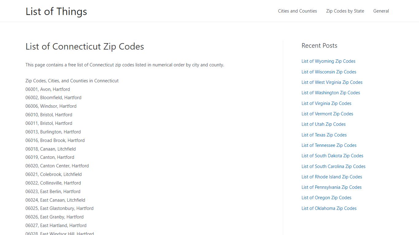 List of Connecticut Zip Codes - List of Things